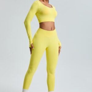 Wholesale OEM Blank Tracksuits Fitness Wear Women Sport Crop Top Scrunch Butter Yellow Yoga Set Of 2