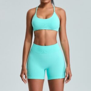 High Quality Custom Ribbed Gym Fitness Sports Bra Workout Crop Top and Shorts Sets Yoga Set For Girls