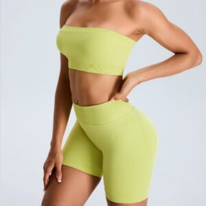 Stretchy Breathable Solid Fitness Suit Seamless Scrunch Butt Shorts and Bandeau Bra Sports Top Yoga Set Yellow