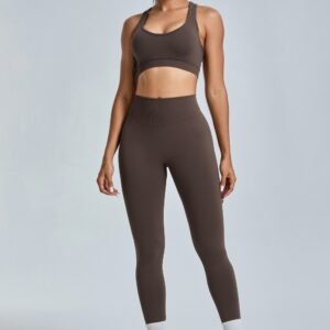 2 Pieces Customized Brown 90% Nylon 10% Spandex Hollow Cross Back Sports Bra and High Waist Leggings From Yoga Set Vendor