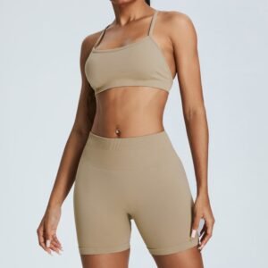Yoga Pilates Fitness Set Women's Naked Sensation Waist Front Cross-Back Breathable Quick-Dry Sports Bra And Shorts Set