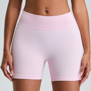 Wholesale High Waist Ribbed Texture Women's Gym Fitness Activewear Pink Running Yoga Workout Cheap Sports Shorts