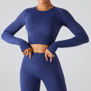 Round Collar Long Sleeve T-Shirt Gym Yoga Crop Top Women Fashion Blank Navy Blue Sweatshirt With Thumb Hole