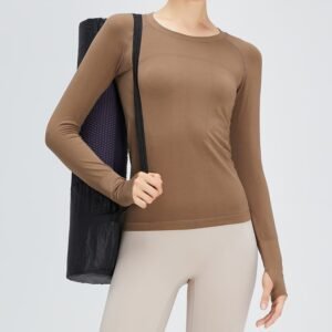 Custom Logo Subtle Textured Stripe Motif Yoga Tops Seamless Long Sleeve Workout Tops With Thumb Holes