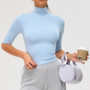 Custom Premium Ribbed Slim Women Gym Fitness Yoga Wear Tight Top Mock Neck Workout Tank With Flattering Mid-Sleeve Length