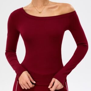Sculpting Longline Fit Yoga Sports Wear Breathable Ribbed Off-the-Shoulder Neckline Long Sleeve Workout Shirts For Women