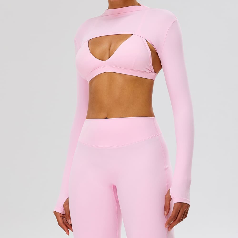 Women's Yoga Apparel Trendy Shrug Fit Crop Top Wholesale Mock Neckline Pink Long Sleeve Workout Top With Anti-slip Thumbhole - Image 4