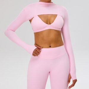 Women's Yoga Apparel Trendy Shrug Fit Crop Top Wholesale Mock Neckline Pink Long Sleeve Workout Top With Anti-slip Thumbhole