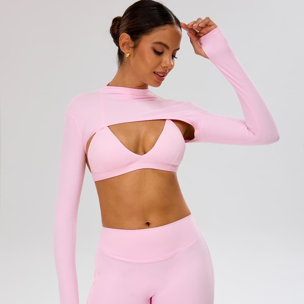 Women's Yoga Apparel Trendy Shrug Fit Crop Top Wholesale Mock Neckline Pink Long Sleeve Workout Top With Anti-slip Thumbhole - Image 2