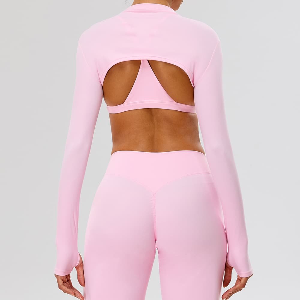 Women's Yoga Apparel Trendy Shrug Fit Crop Top Wholesale Mock Neckline Pink Long Sleeve Workout Top With Anti-slip Thumbhole - Image 3