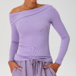 Women's Asymmetric Neckline Yoga Clothing Sculpting Longline Fit T Shirt Custom Logo Ribbed Streetwear Workout Long Sleeve Top