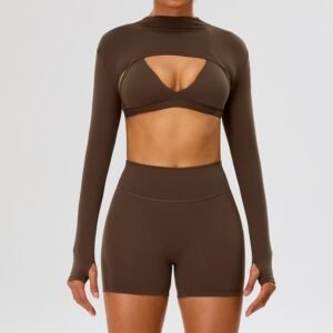 Y-Back Design Spaghetti Straps Yoga Bra Long Sleeve Sleek Mock Neck Shrug No Front T-Seam Short Leggings 3 Piece Workout Set