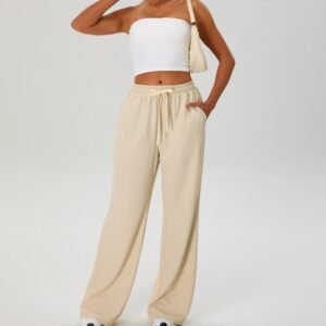Chic Strapless Bandeau Removable Padded Top Adjustable Drawstring Waist Premium Waffle Knit Texture Pant Yoga Top And Pants Set