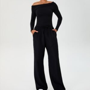 Nylon-Ribbed Asymmetric Neckline Longline Fit Top Adjustable Drawstring Waist Premium Waffle Knit Texture Women's Yoga Pants Set