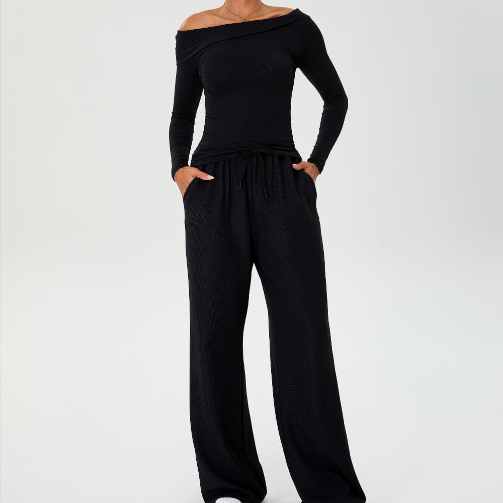 Nylon-Ribbed Asymmetric Neckline Longline Fit Top Adjustable Drawstring Waist Premium Waffle Knit Texture Women's Yoga Pants Set