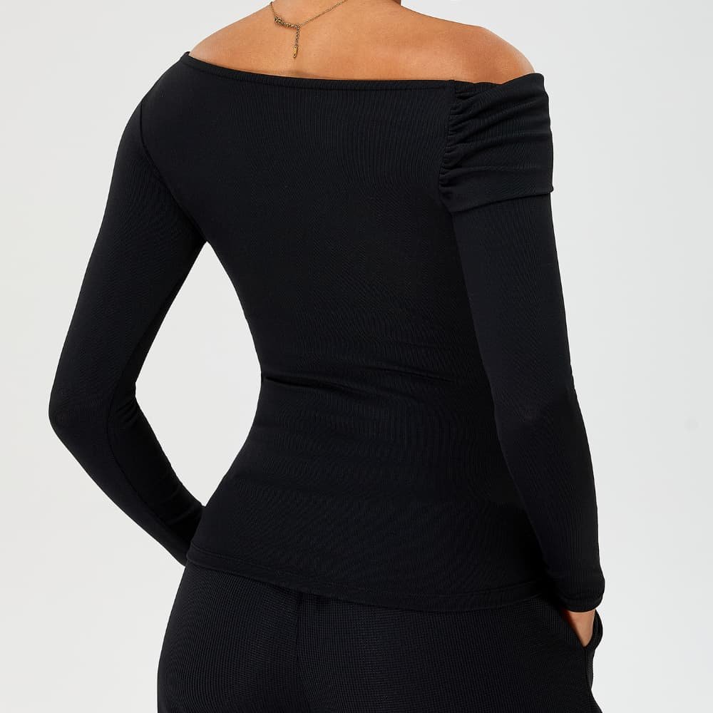 Nylon-Ribbed Asymmetric Neckline Longline Fit Top Adjustable Drawstring Waist Premium Waffle Knit Texture Women's Yoga Pants Set - Image 4